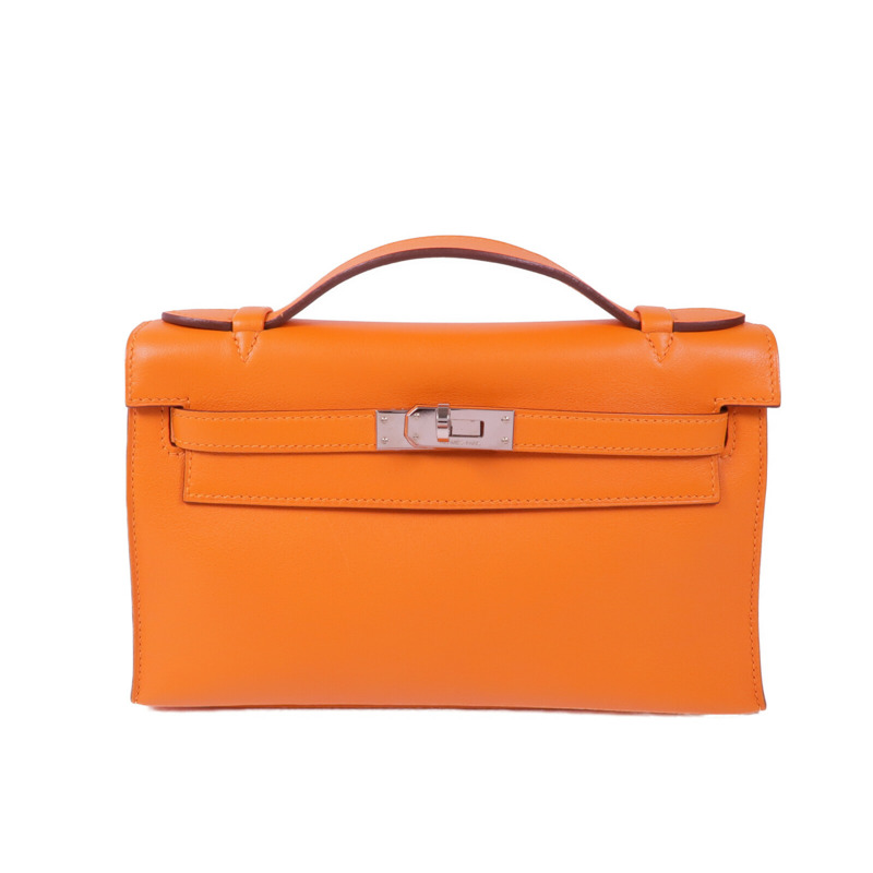 HERMES Swift皮革Kelly Pochette銀扣手挽袋Orange-0