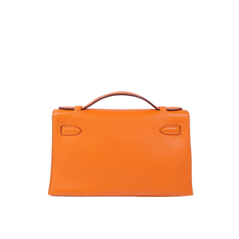 HERMES Swift皮革Kelly Pochette銀扣手挽袋Orange-1
