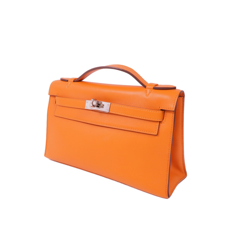 HERMES Swift皮革Kelly Pochette銀扣手挽袋Orange-2