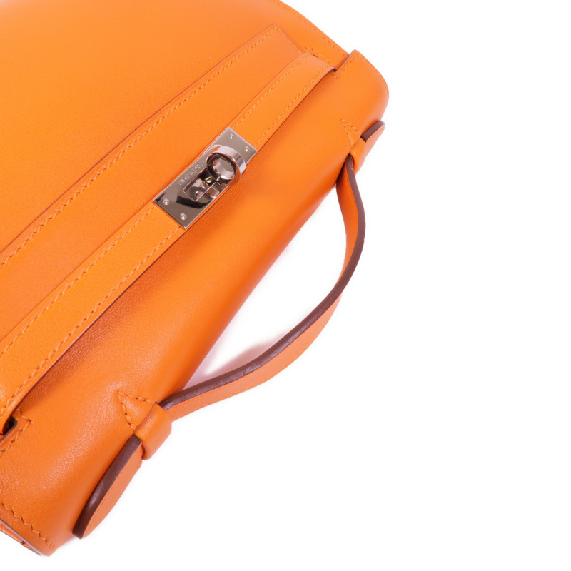 HERMES Swift皮革Kelly Pochette銀扣手挽袋Orange-9