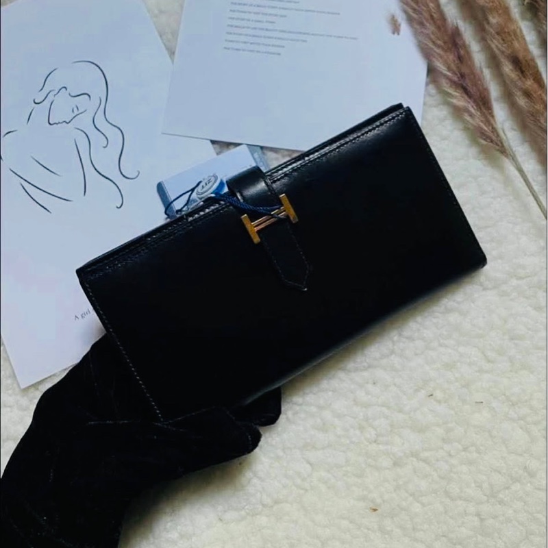 Hermes  box 皮 黑金 bearn 長夾-5