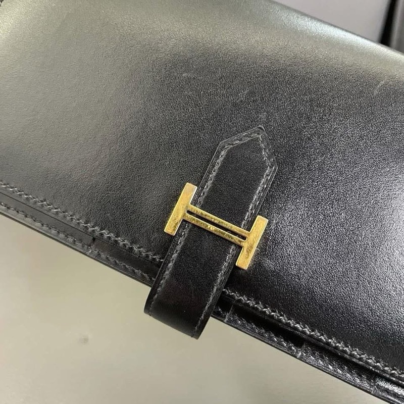 Hermes  box 皮 黑金 bearn 長夾-17