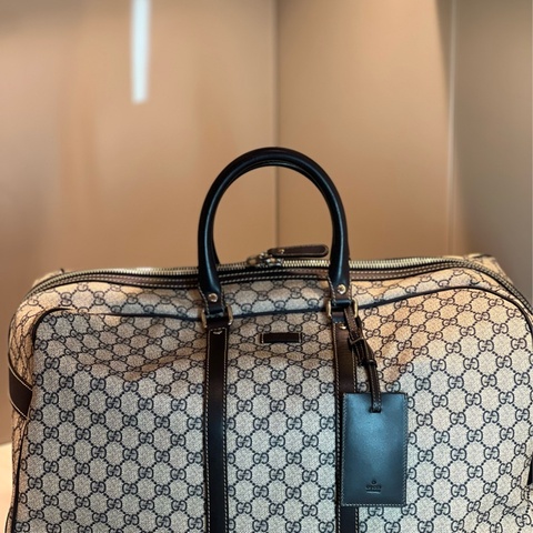 Gucci 米白/深藍色GG Logo Supreme帆布旅行袋/有拉桿