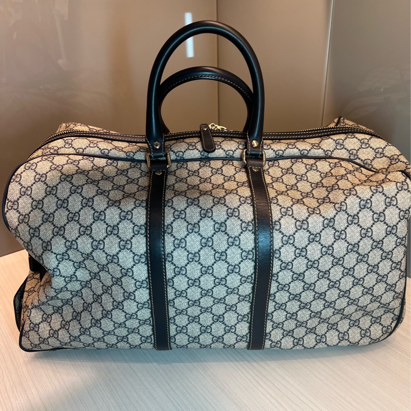 Gucci 米白/深藍色GG Logo Supreme帆布旅行袋/有拉桿-6