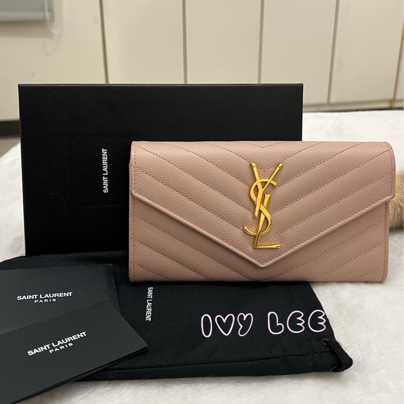 SAINT LAURENT YSL 聖羅蘭 山形紋 魚子醬 粉色 荔枝皮金字logo釦式長夾 正品 二手精品-0