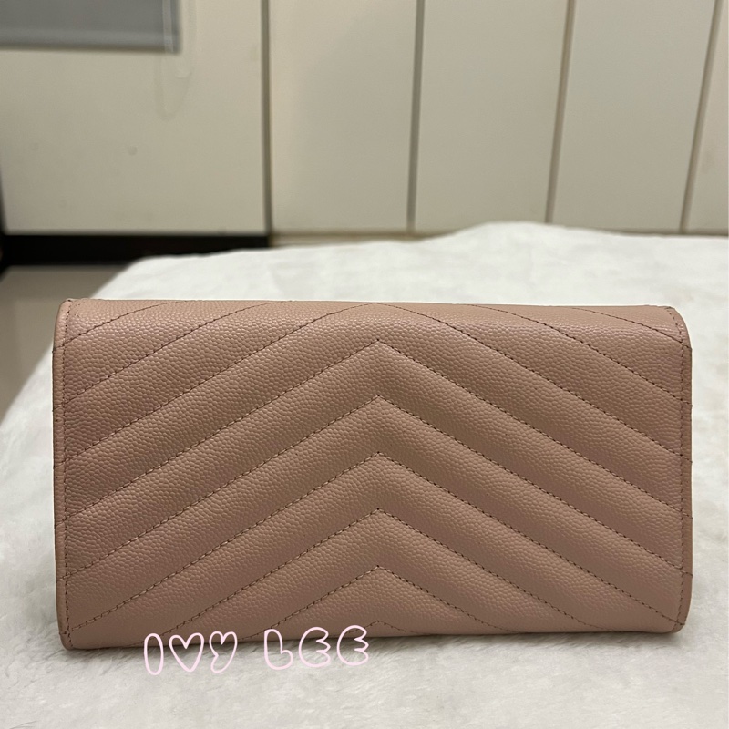 SAINT LAURENT YSL 聖羅蘭 山形紋 魚子醬 粉色 荔枝皮金字logo釦式長夾 正品 二手精品-1