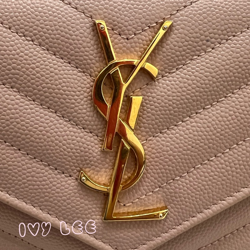 SAINT LAURENT YSL 聖羅蘭 山形紋 魚子醬 粉色 荔枝皮金字logo釦式長夾 正品 二手精品-2