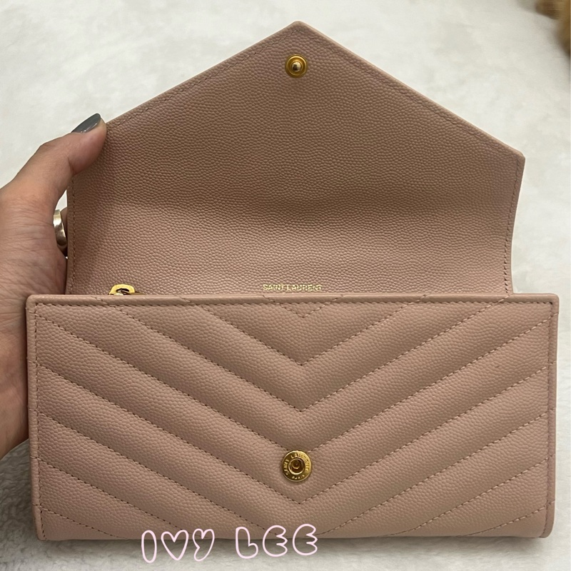 SAINT LAURENT YSL 聖羅蘭 山形紋 魚子醬 粉色 荔枝皮金字logo釦式長夾 正品 二手精品-3