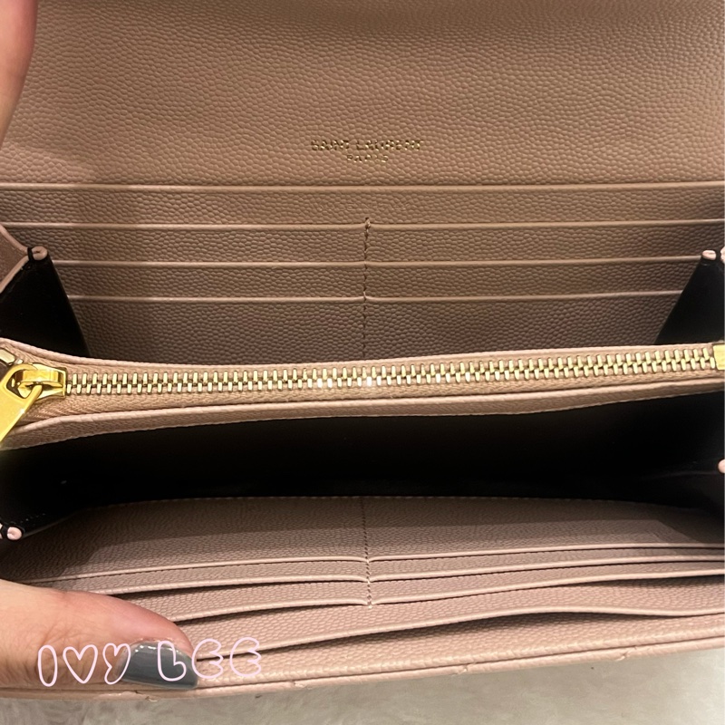 SAINT LAURENT YSL 聖羅蘭 山形紋 魚子醬 粉色 荔枝皮金字logo釦式長夾 正品 二手精品-4