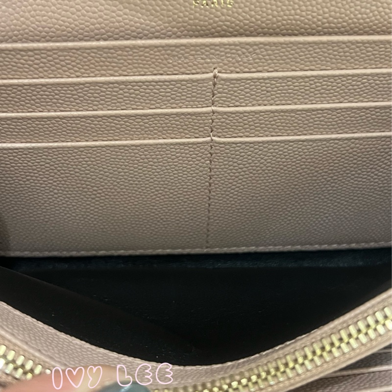 SAINT LAURENT YSL 聖羅蘭 山形紋 魚子醬 粉色 荔枝皮金字logo釦式長夾 正品 二手精品-5