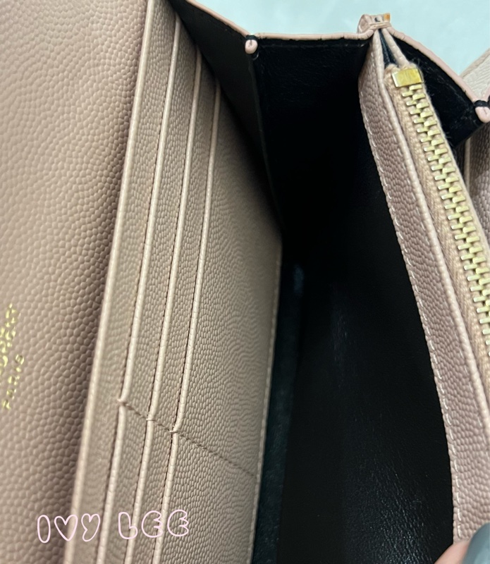 SAINT LAURENT YSL 聖羅蘭 山形紋 魚子醬 粉色 荔枝皮金字logo釦式長夾 正品 二手精品-6