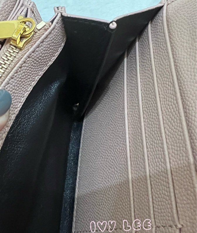 SAINT LAURENT YSL 聖羅蘭 山形紋 魚子醬 粉色 荔枝皮金字logo釦式長夾 正品 二手精品-7