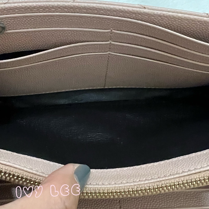 SAINT LAURENT YSL 聖羅蘭 山形紋 魚子醬 粉色 荔枝皮金字logo釦式長夾 正品 二手精品-8
