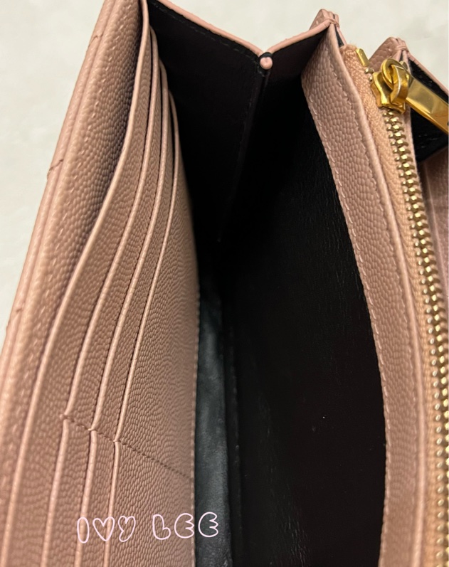 SAINT LAURENT YSL 聖羅蘭 山形紋 魚子醬 粉色 荔枝皮金字logo釦式長夾 正品 二手精品-9