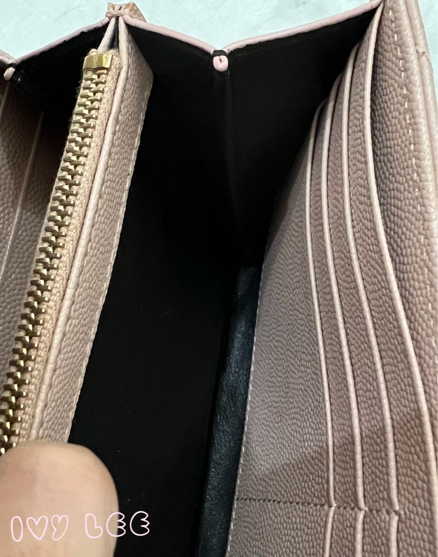 SAINT LAURENT YSL 聖羅蘭 山形紋 魚子醬 粉色 荔枝皮金字logo釦式長夾 正品 二手精品-10