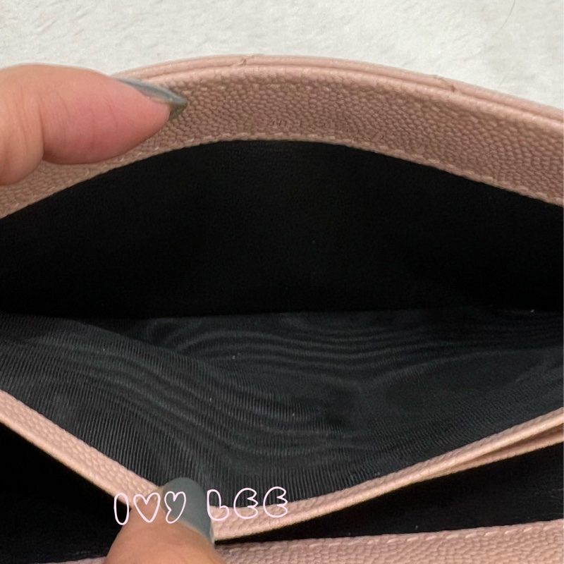 SAINT LAURENT YSL 聖羅蘭 山形紋 魚子醬 粉色 荔枝皮金字logo釦式長夾 正品 二手精品-13