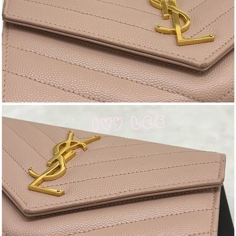 SAINT LAURENT YSL 聖羅蘭 山形紋 魚子醬 粉色 荔枝皮金字logo釦式長夾 正品 二手精品-14