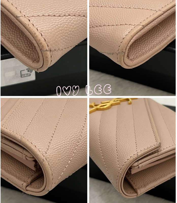 SAINT LAURENT YSL 聖羅蘭 山形紋 魚子醬 粉色 荔枝皮金字logo釦式長夾 正品 二手精品-16