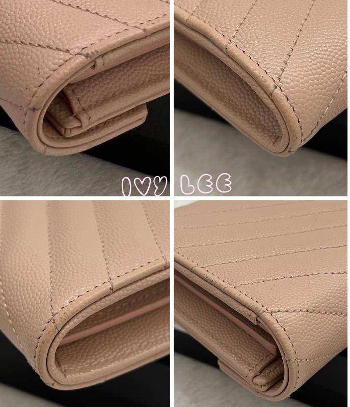 SAINT LAURENT YSL 聖羅蘭 山形紋 魚子醬 粉色 荔枝皮金字logo釦式長夾 正品 二手精品-17