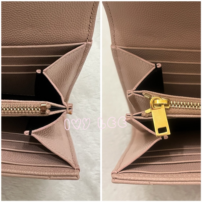 SAINT LAURENT YSL 聖羅蘭 山形紋 魚子醬 粉色 荔枝皮金字logo釦式長夾 正品 二手精品-19