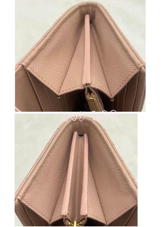 SAINT LAURENT YSL 聖羅蘭 山形紋 魚子醬 粉色 荔枝皮金字logo釦式長夾 正品 二手精品-21