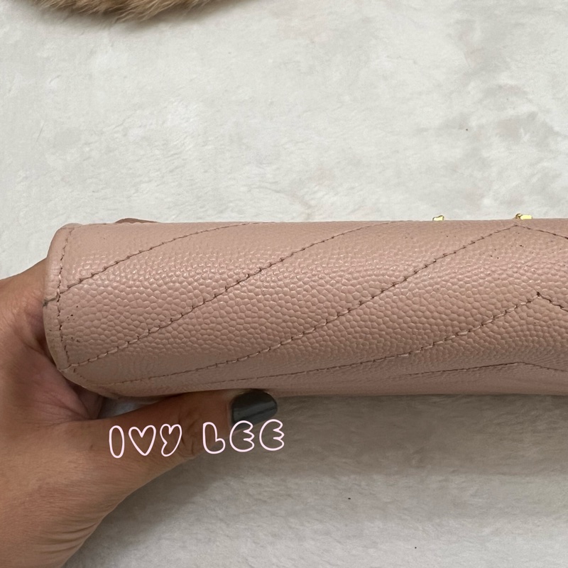 SAINT LAURENT YSL 聖羅蘭 山形紋 魚子醬 粉色 荔枝皮金字logo釦式長夾 正品 二手精品-22