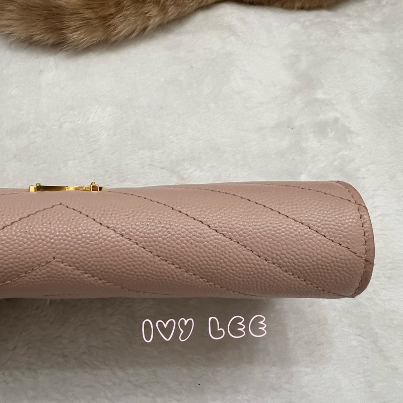 SAINT LAURENT YSL 聖羅蘭 山形紋 魚子醬 粉色 荔枝皮金字logo釦式長夾 正品 二手精品-23