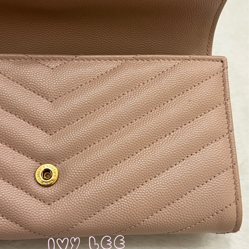 SAINT LAURENT YSL 聖羅蘭 山形紋 魚子醬 粉色 荔枝皮金字logo釦式長夾 正品 二手精品-29