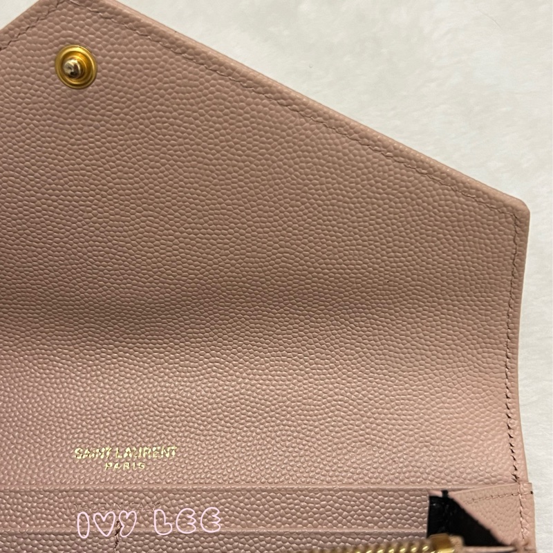 SAINT LAURENT YSL 聖羅蘭 山形紋 魚子醬 粉色 荔枝皮金字logo釦式長夾 正品 二手精品-30