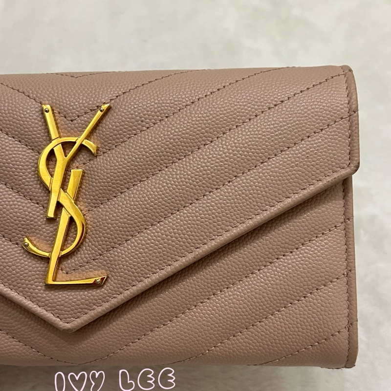 SAINT LAURENT YSL 聖羅蘭 山形紋 魚子醬 粉色 荔枝皮金字logo釦式長夾 正品 二手精品-33