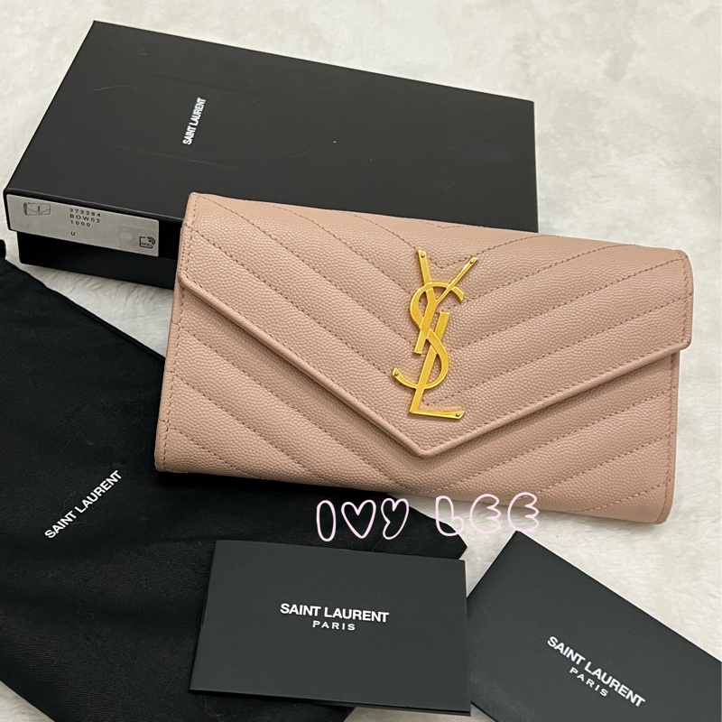 SAINT LAURENT YSL 聖羅蘭 山形紋 魚子醬 粉色 荔枝皮金字logo釦式長夾 正品 二手精品-34