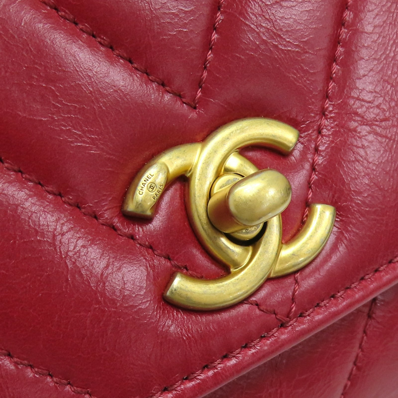 紅色 牛皮 山形紋 COCO Handle  金扣 兩用包【CHANEL 香奈兒】-9