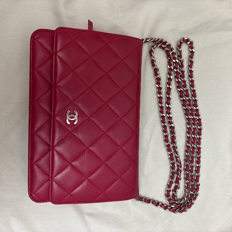 酒紅色CHANEL WOC 銀扣 附保卡-0