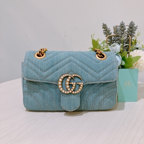 TK1836 GUCCI 古馳小號經典翻蓋式牛仔布鍊帶包包DENIM MATELASSE MIN PEARLY GG MARMONT SHOULDER BAG