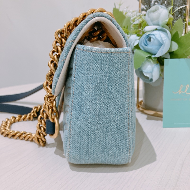 TK1836 GUCCI 古馳小號經典翻蓋式牛仔布鍊帶包包DENIM MATELASSE MIN PEARLY GG MARMONT SHOULDER BAG-2
