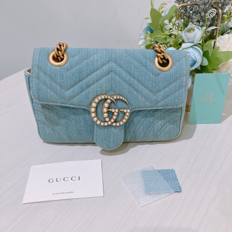 TK1836 GUCCI 古馳小號經典翻蓋式牛仔布鍊帶包包DENIM MATELASSE MIN PEARLY GG MARMONT SHOULDER BAG-10