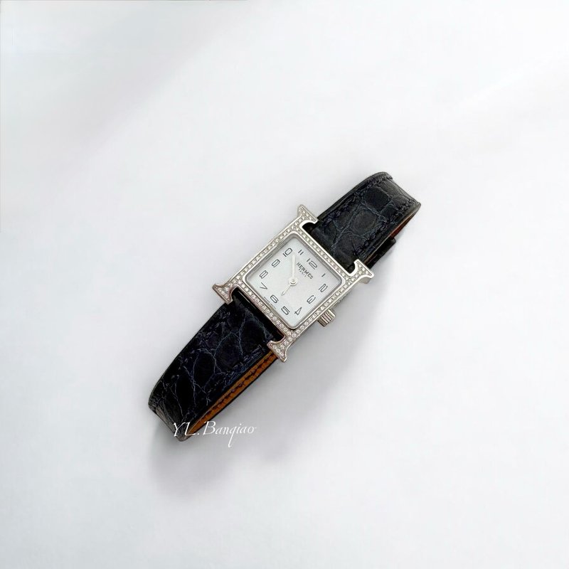 Hermes Heure H鑲鑽深藍鱷魚錶帶石英錶HH1.131-0