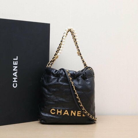 23S 22Bag Tote托特包 Mini 20cm 黑色皮革C晶片開金扣珍珠皮穿雙鍊