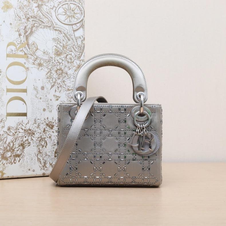 Lady Dior 戴妃包 三格灰色緞面銀扣 2016 水鑽飾面-0