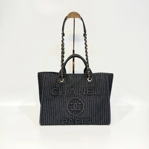 CHANEL深藍色白線帆布淡金鍊沙灘包AS3351