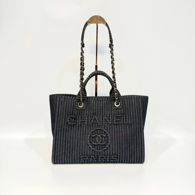 CHANEL深藍色白線帆布淡金鍊沙灘包AS3351-0