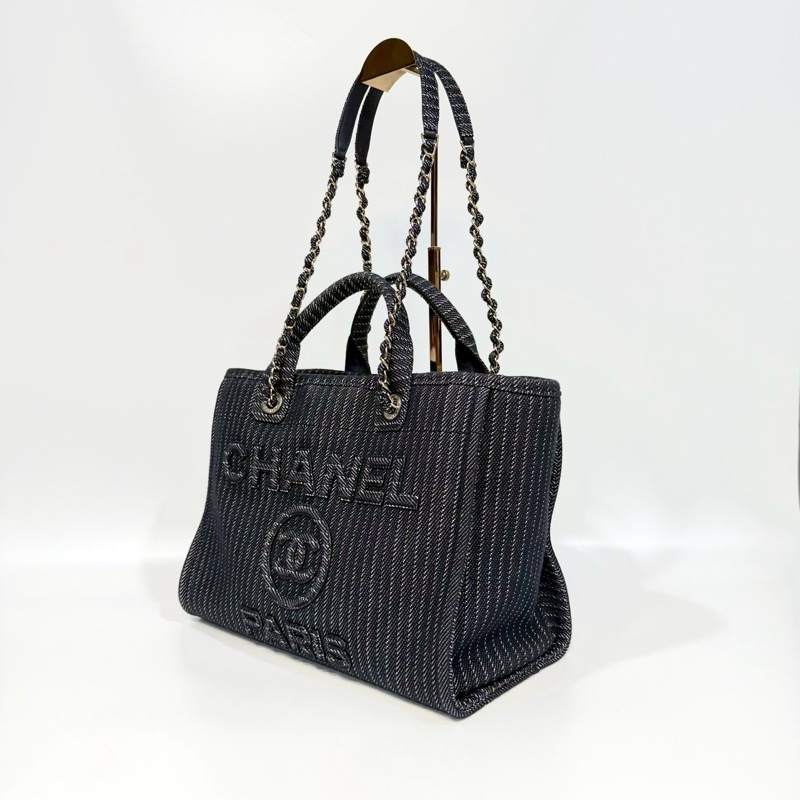 CHANEL深藍色白線帆布淡金鍊沙灘包AS3351-2