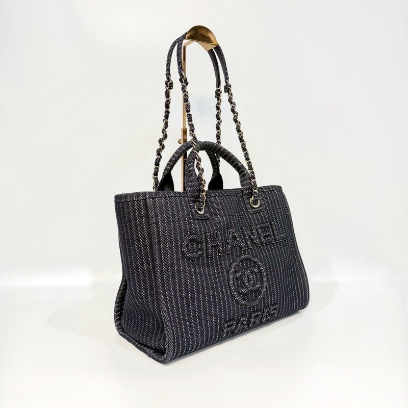 CHANEL深藍色白線帆布淡金鍊沙灘包AS3351-3