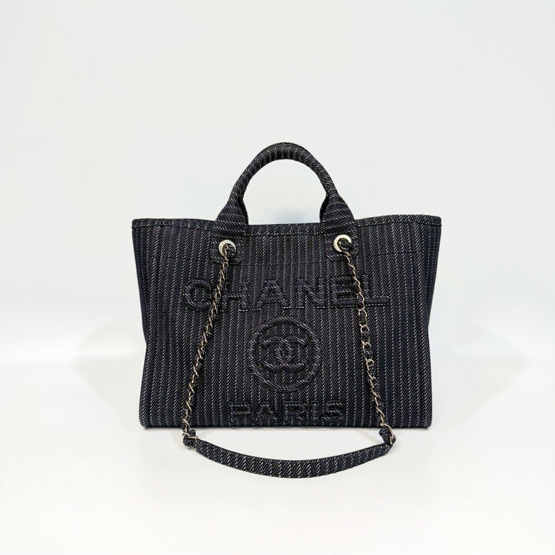 CHANEL深藍色白線帆布淡金鍊沙灘包AS3351-4