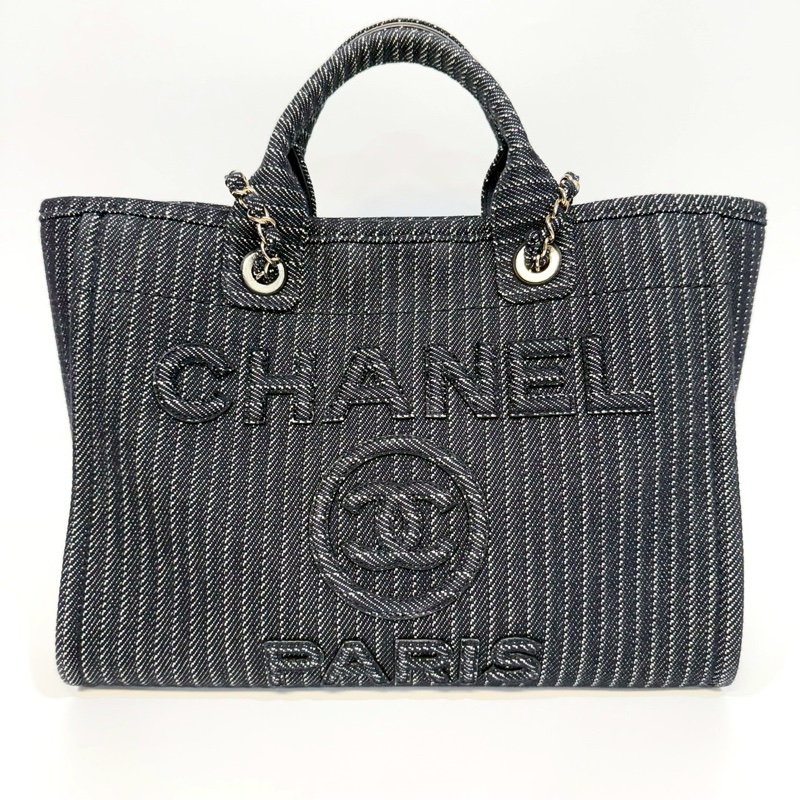 CHANEL深藍色白線帆布淡金鍊沙灘包AS3351-7