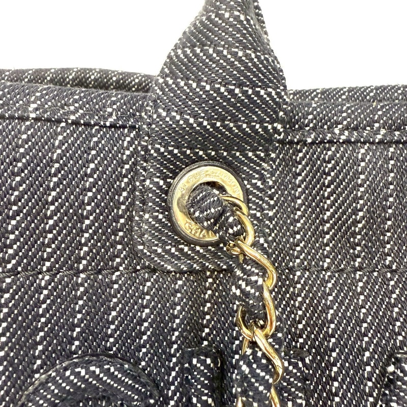 CHANEL深藍色白線帆布淡金鍊沙灘包AS3351-14