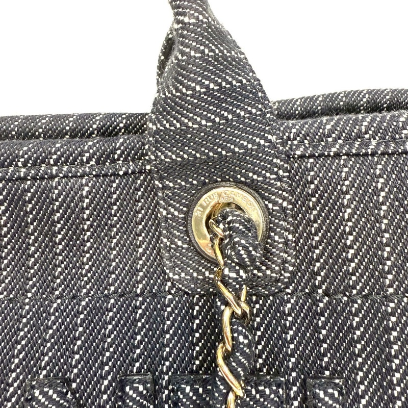 CHANEL深藍色白線帆布淡金鍊沙灘包AS3351-15