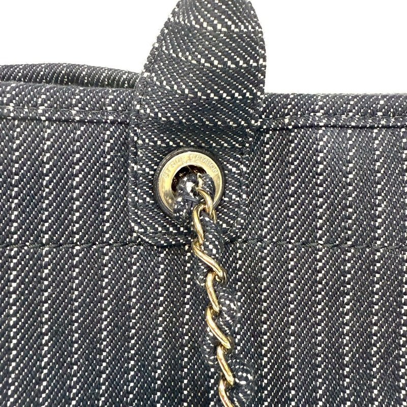 CHANEL深藍色白線帆布淡金鍊沙灘包AS3351-16