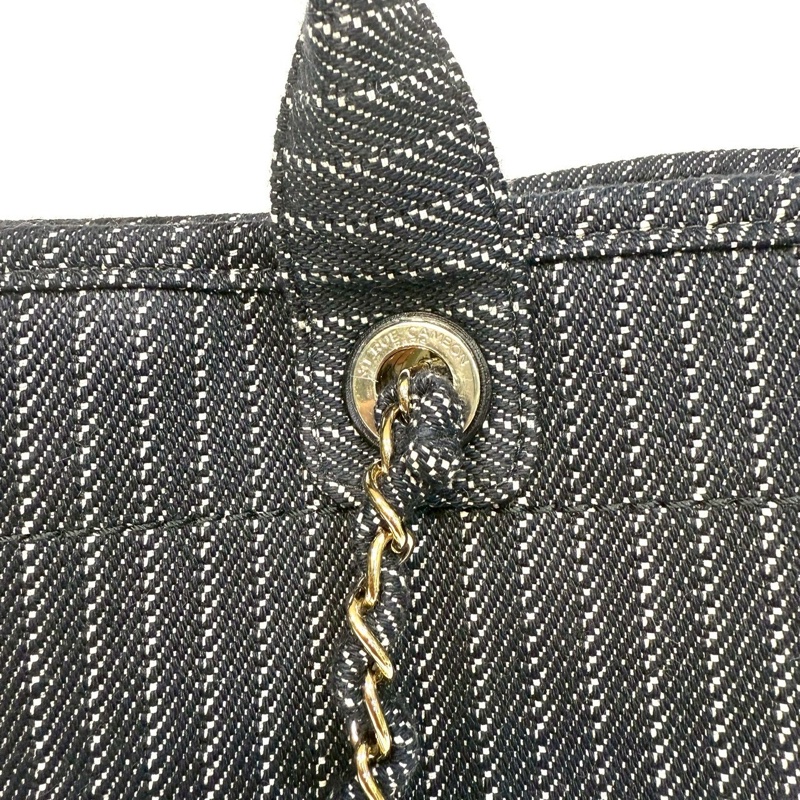 CHANEL深藍色白線帆布淡金鍊沙灘包AS3351-17