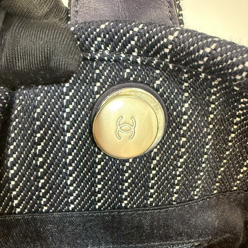 CHANEL深藍色白線帆布淡金鍊沙灘包AS3351-21